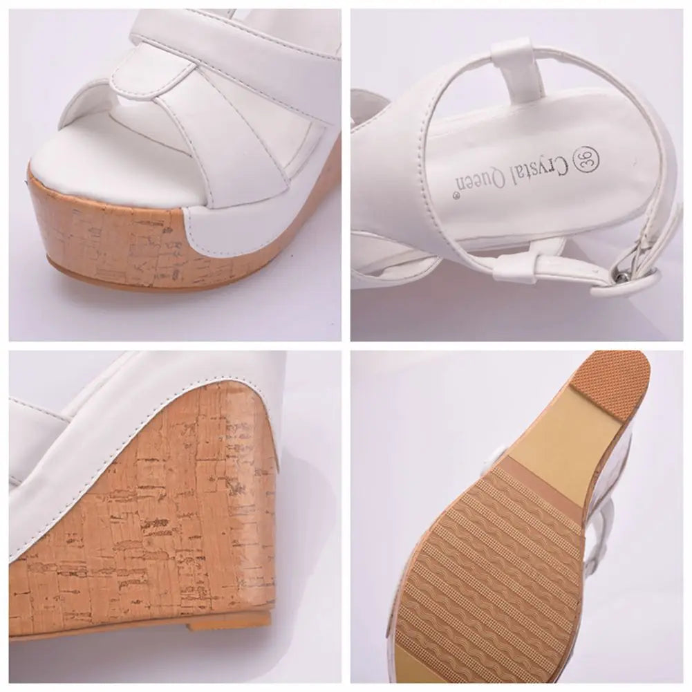 Women’s Summer Flock Sandals – 12CM Wedge Heels with Buckle Strap, White