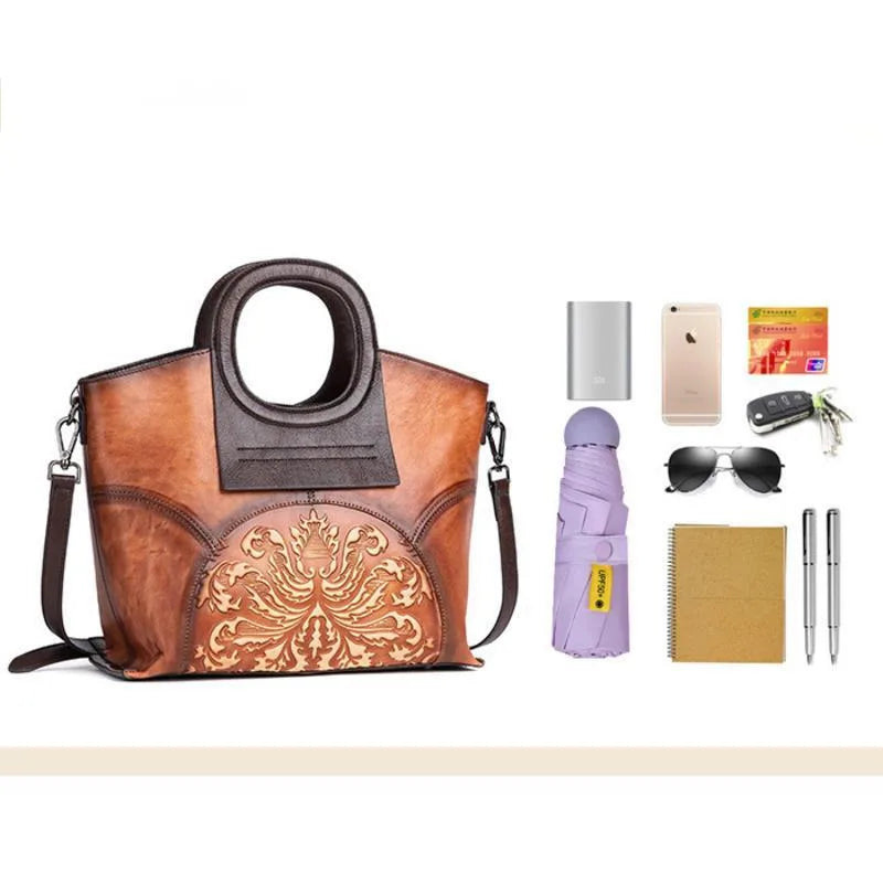 MOTAORA Genuine Leather Luxury Shoulder Bags for Women, Vintage Handmade Designer Cowhide Handbags with Embossed Details