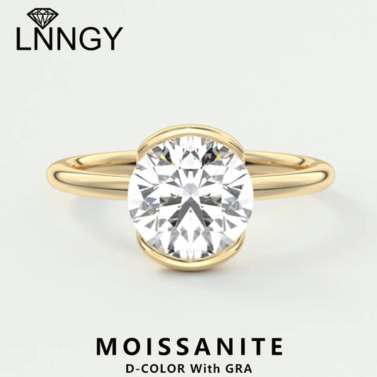 Lnngy 6.5MM 1CT Half Bezel Moissanite Ring for Women Exquisite 925 Sterling Silver Solitaire Engagement Rings Jewelry Gift