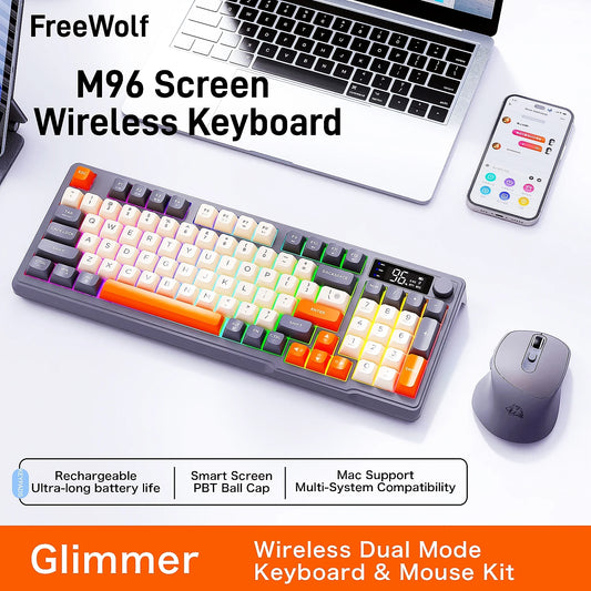 M96 Screen Wireless Keyboard Mouse Kit with Media Knob,ZIYOULANG Bluetooth Keyboard Mouse Combos,Multi-Device Connection,PBT Cap