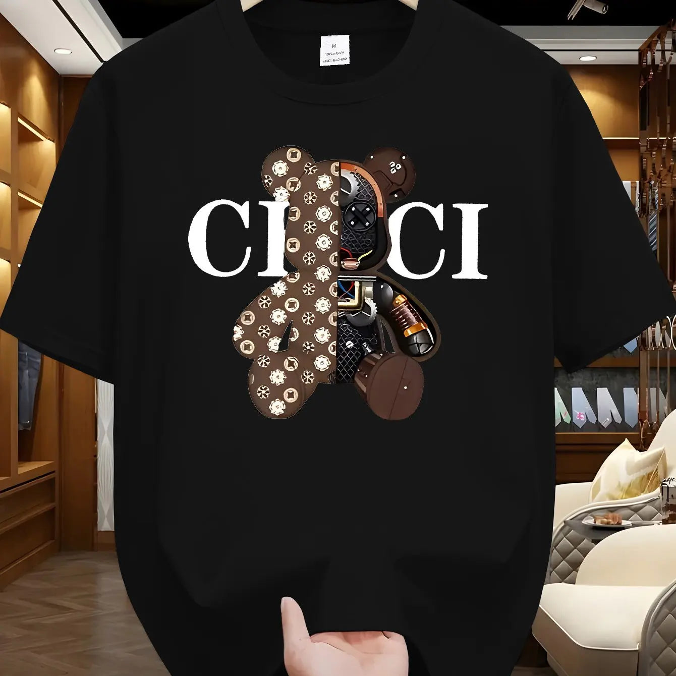 Men's summer 100% pure cotton fashionable casual loose brown mechanical bear cartoon printed round neck short sleeved T-shirt
