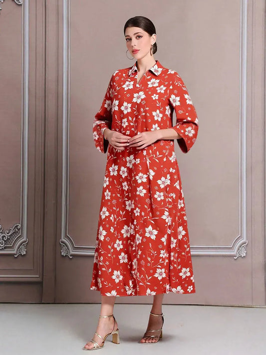 Rafiah Women's Even Dress Arabian 2025 Summer Elegant Flower Full Print Long Sleeve Lapel Midi Draped Long Dress