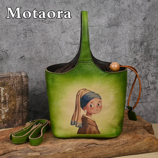 MOTAORA 2025 New Designer Women's Bucket Bag Vintage Cow Leather Drawstring Handbag Handmade Luxury Crossbody Purse in 3 Colors