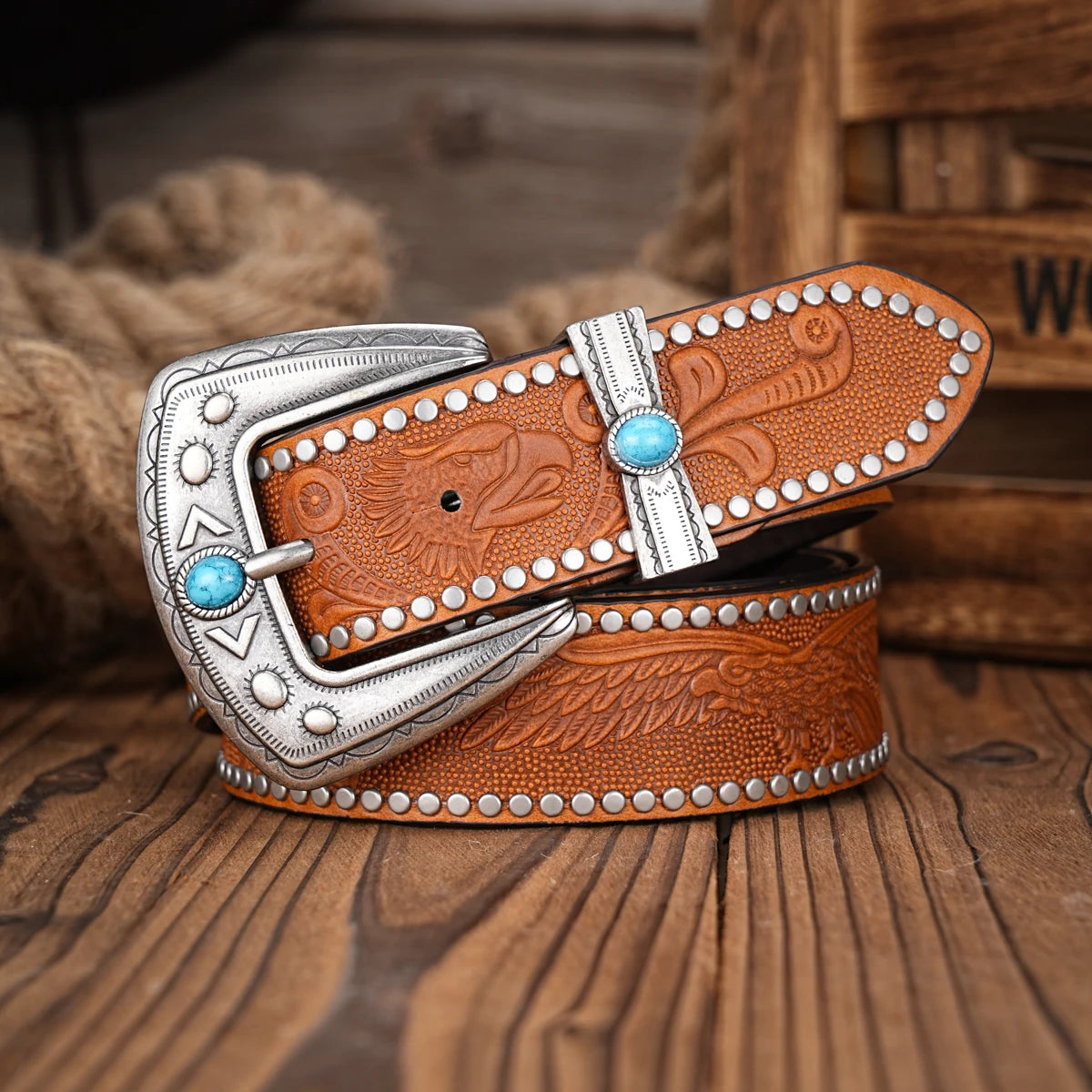 Men Women-Western-Cowboy-PU Leather-Belts - Vintage Belt Floral Engraved Buckle Belt for Jeans