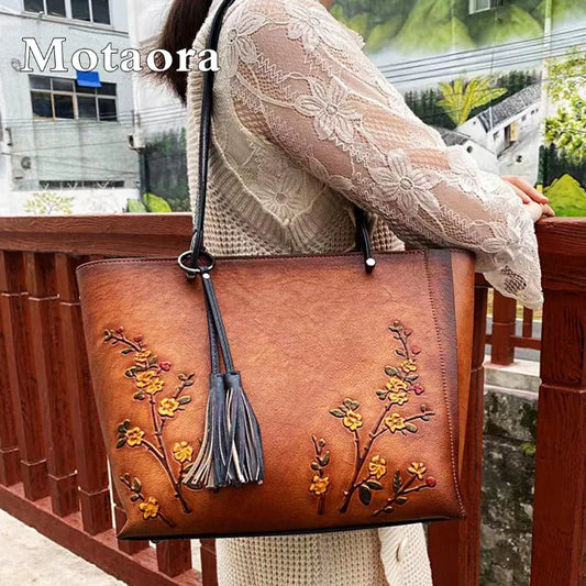 Vintage 3D Floral Embroidery Designer Bag Large Capacity Women's Tote Bag Premium Cowhide Leather Luxury Handbags for Women 2025
