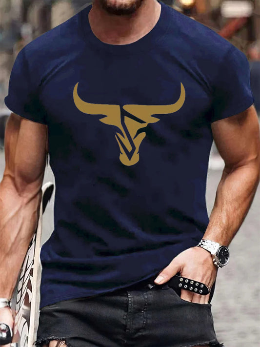 Summer men's 100% pure cotton casual loose fit plus size bull pattern printed comfortable round neck short sleeved T-shirt top
