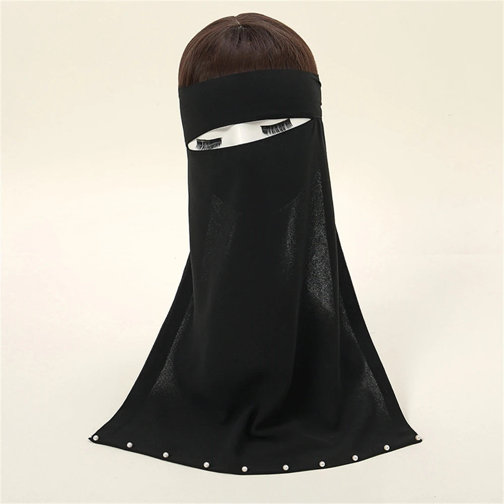 Black Chiffon Scarf Tie Back Niqab New Pearl Face Cover Muslim Prayer Khimar Niqab Face Cover for Women Solid Color Shawls