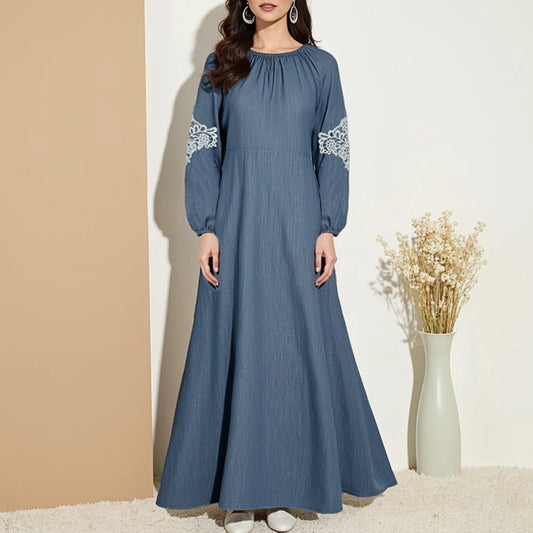 Rafiah Summer Dresses 2025 Women's Vintage Plain Jacquard Long Puff Sleeve Round-Neck Midi Folds Daily Arabian Dress