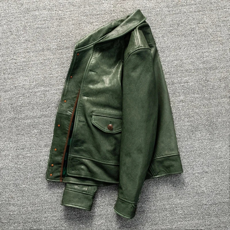 Cossack Green Fruit Leading Layer Mixed Sheepskin Leather Jacket Men's Slim Fit Leather Jacket Autumn and Winter Coat