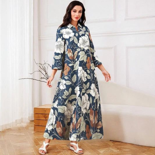 Rafiah Women's Summer Long Dress 2025 Arabian Dress Daily Basic V-Neck Long Sleeve A-Line Maxi Flower Print Casual Dress