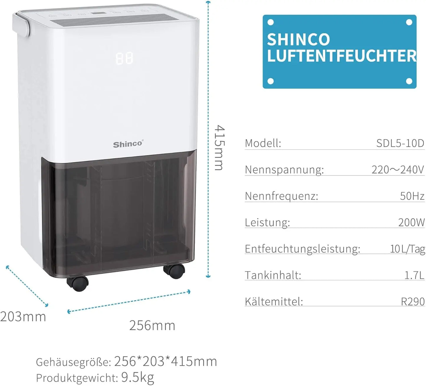 SHINCO Electric Dehumidifier, 10 L, Room Dehumidifier with Moisture Sensor, for 45 m³ (15 m²), Energy Saving, Drain Hose
