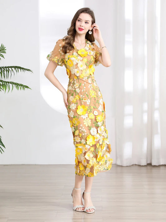 Summer High-end Embroidery Lace Prom Dress Women French Luxury 3D Flower Short Sleeve Long Dress Party Bodycon Holiday Vestido