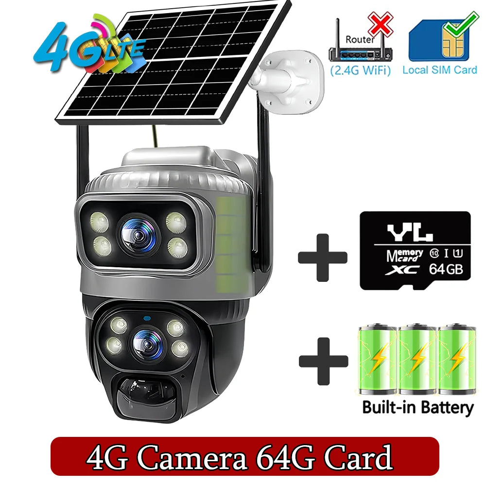 4G Solar Camera Outdoor Dual Lens PTZ Low Powered CCTV Video V380 Cameras PIR Motion Detect Security Protection Surveillance Cam