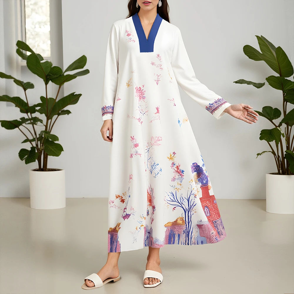 Rafiah Women's Summer Dress Ventilate Comfortable Graphic Printing Long Sleeve V-Neck Mixi A-LineDaily Arabian Dress
