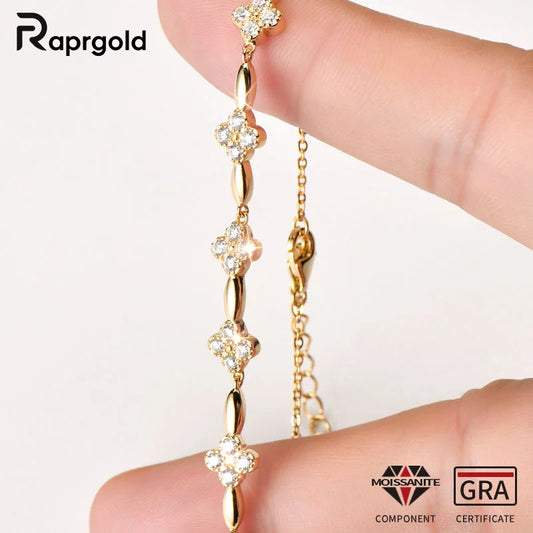 RAPRGOLD GRA Certified Moissanite Four Clover Flower Bracelets for Women 925 Sterling Silver Bracelet Chain Wedding Jewelry Gift