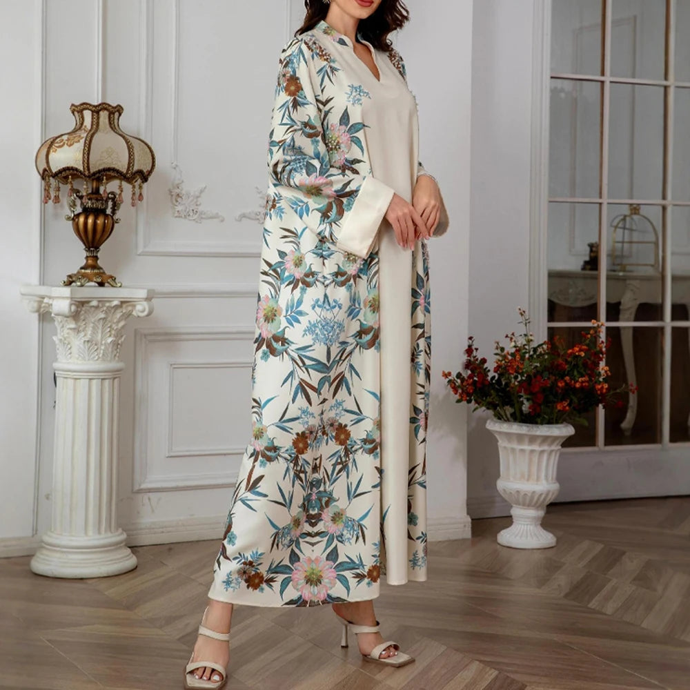 Rafiah Summer Dress 2025 Women's Arabian Elegant Botanical Print Rolled Long Sleeve Half Open Collar A-Line Midi Dress