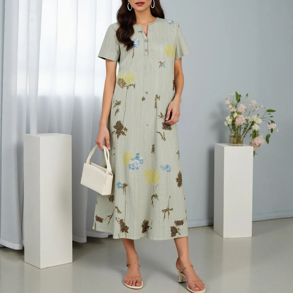 Rafiah Women's Summer 2025 Arabian Dresses Floral Print V-Neck Short Sleeve Dress Button Front Relaxed Fit Long Dress