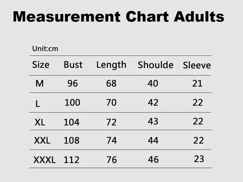 Measurement chart for adults showing bust, length, shoulder, and sleeve measurements.