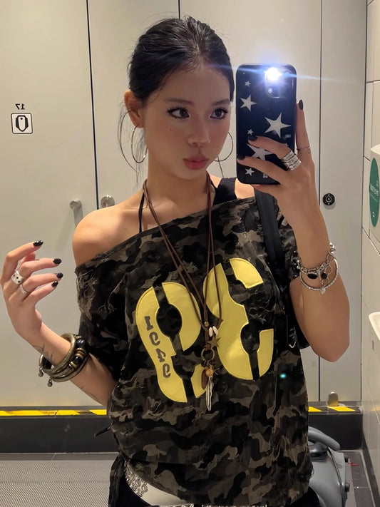 Slimming ort oulder T-irt for Women Summer New Sle Dstring Strapl Camouflage Letter Print Korean Sle Top