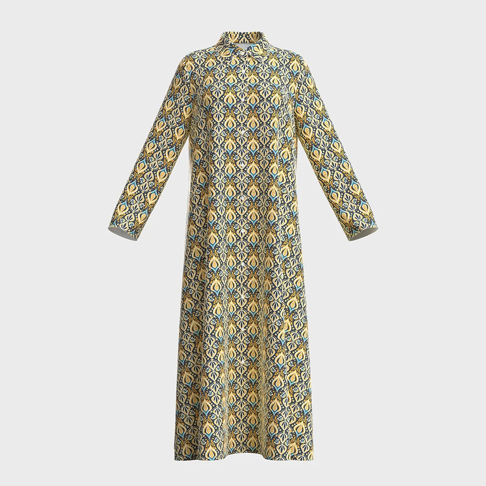 Rafiah Women's Summer Long Arabian Dress Traditional Cultural Full Print Long Sleeve V-Neck Midi A-Line Shift Dresses