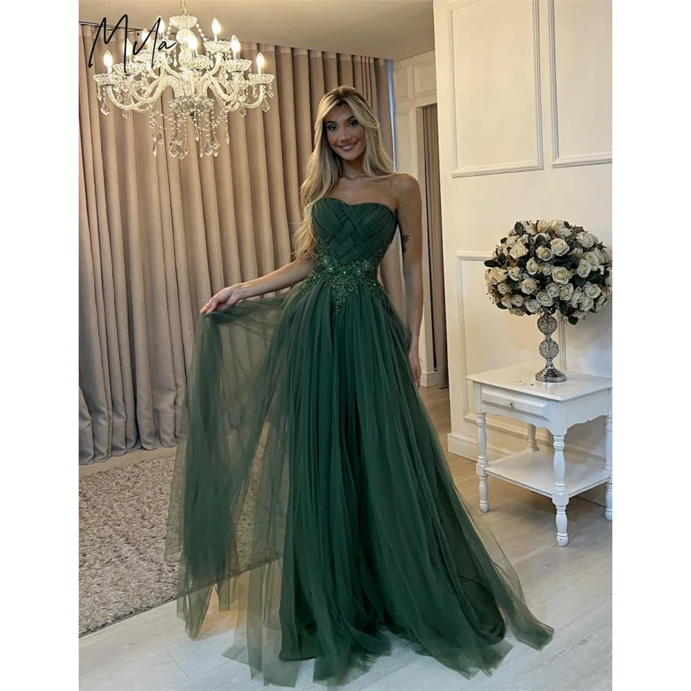 Mila A-Line Strapless Prom Dresses Embroidery Appliques Evening Dresses Sleeveless Floor-Length Tulle Customized Party Dresses