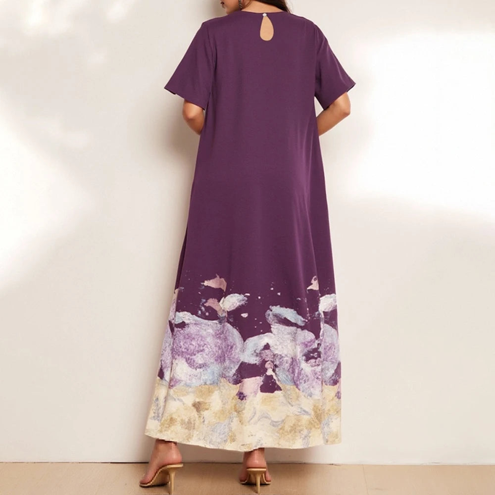 Rafiah Women's Dresses Summer Elegant Decent 2025 Grass Print Short Sleeve Round-Neck Midi A Line Casual Long Dresses