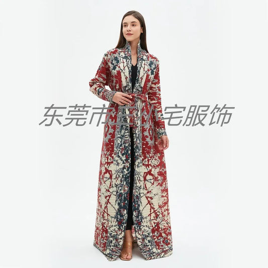 KAF Pleated Women Loose Plus Size Trench Coat 2024 Autumn New Vintage Printed Cardigan Design Arab Female Luxury Abaya