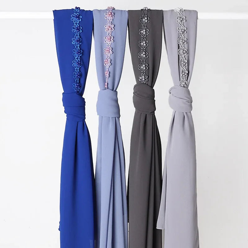 Muslim Hijab Plain Bubble Chiffon Long Scarf for Women Beading Lace Headscarf Arab Shawls African Hair Cover Wraps New Fashion