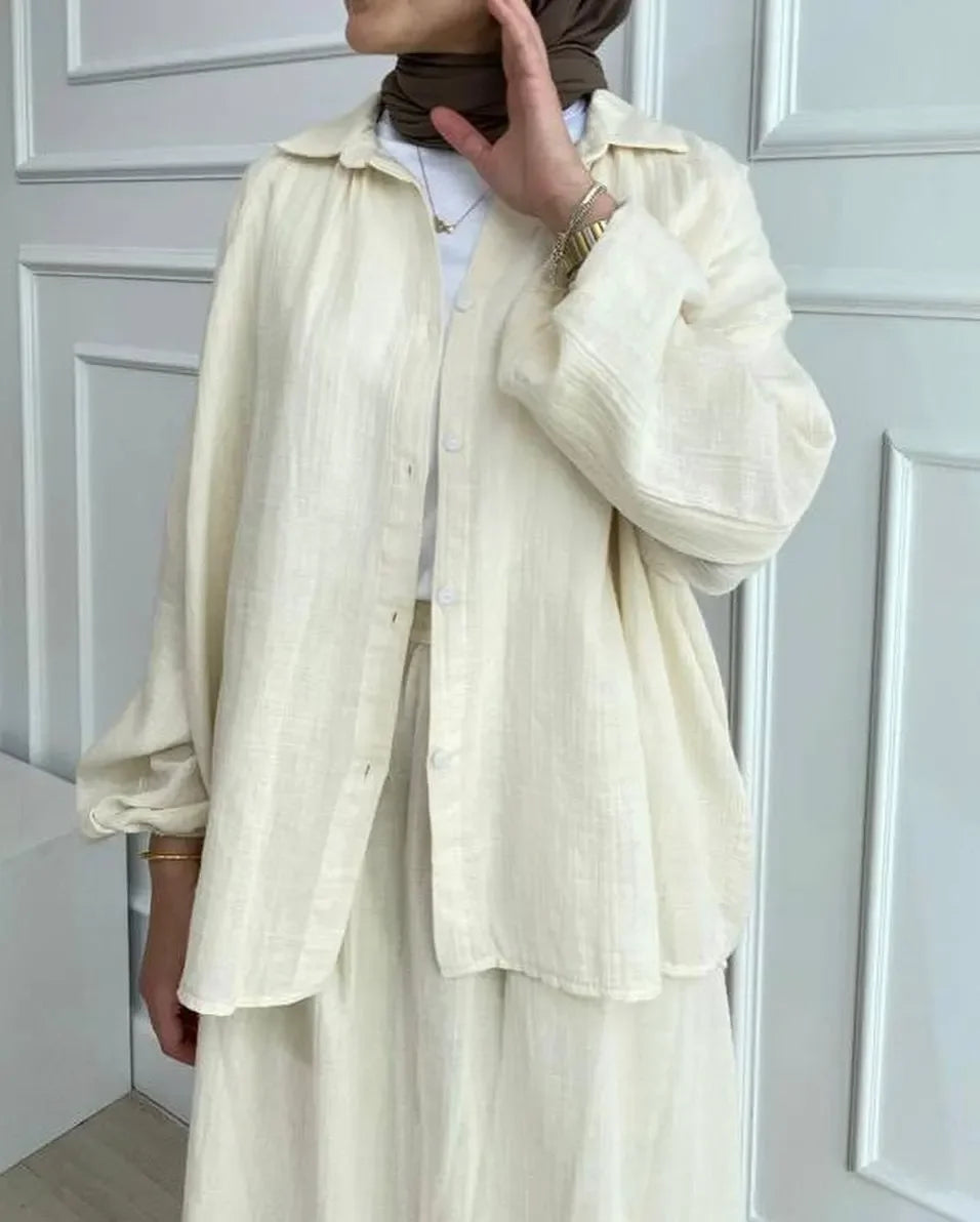 2 Piece Long Sleeve Shirt+Skirts Eid Muslim Women Elegant Sets Abaya Dubai Turkey Islamic Casual Tops Solid Color Skirt Fashion