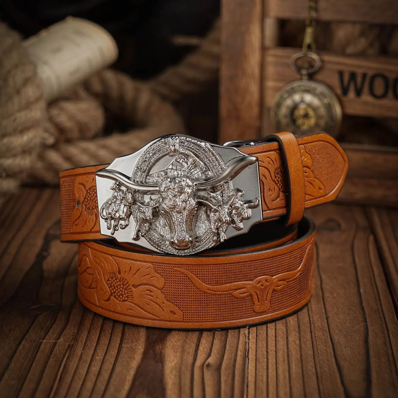 Western Cowboy PU Leather Belt - Men Waist Strap Bull Decoration Floral Engraved for Jeans
