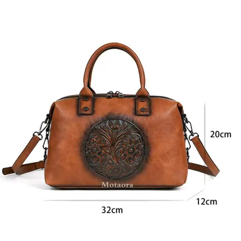 MOTAORA Vintage Leather Crossbody Bag Women's Embossed Handmade Tote Shoulder Bag Large Capacity Anti-Theft Purse
