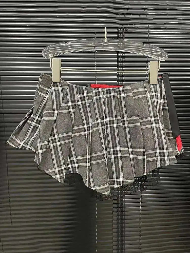 DEAT Fashion Trendy Women's Patchwork Plaid Design Pleated Mini Skirts 2025 Summer New High Waist A-line Skirt Female 29L7565
