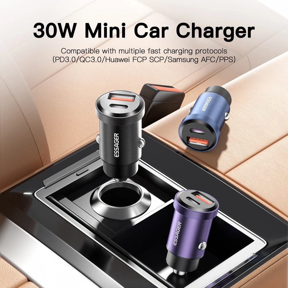 شاحن سيارة Essager USB 30 وات، شحن سريع 4.0، QC PD 3.0 SCP 5A، USB Type C، شحن سريع للسيارة، مناسب لأجهزة iPhone 14 13، Huawei، Samsung، Xiaomi