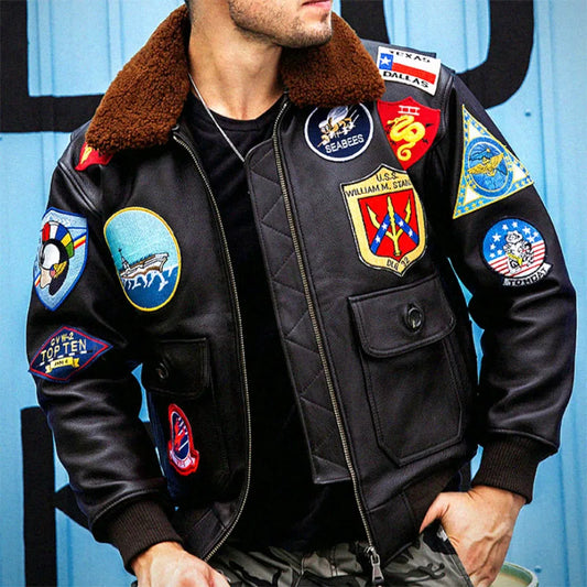 Top Gun Genuine Cowhide Leather Jacket with Wool Collar – Embroidered Unisex Motorcycle Coat