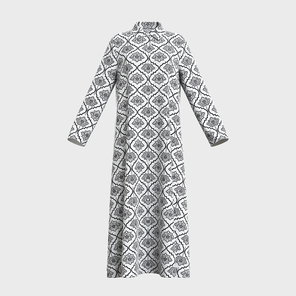 Rafiah Women's Arabian Dress Summer Classic Traditional Full Print Long Sleeve Shirt Collar Midi A-Line Long Casual Dress