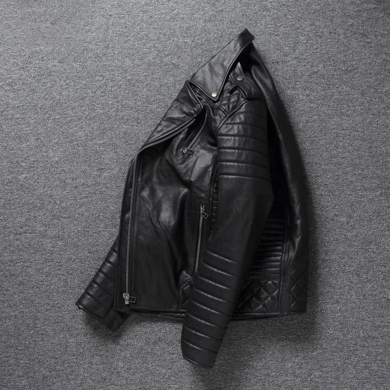 2024 New Style Autumn Winter First Layer Cowhide Leather Lapel Coat Men‘s Slim Short Youth Heavy Industry Motorcycle Jackets