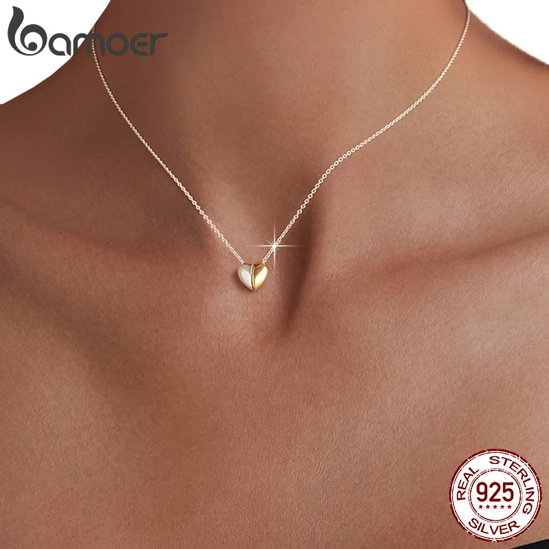 BAMOER Gold Plated Heart Pendant Necklace for Women, 925 Sterling Silver Couple Heart Fashion Waterproof Metal Daily Jewelry