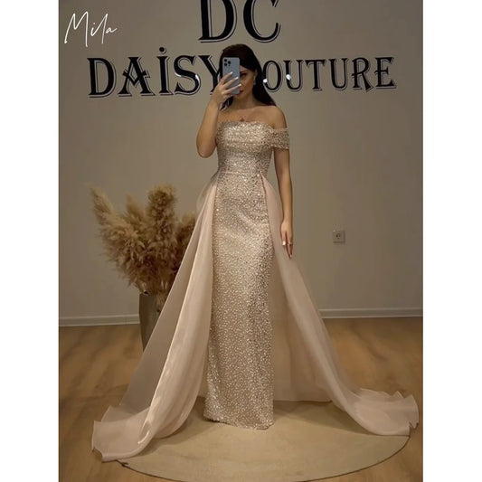 Mila Off the Shoulder Customized Party Dresses Mermaid Sleeveless Beaded Prom Dresses Elegant Detachable Train Evening Dresses