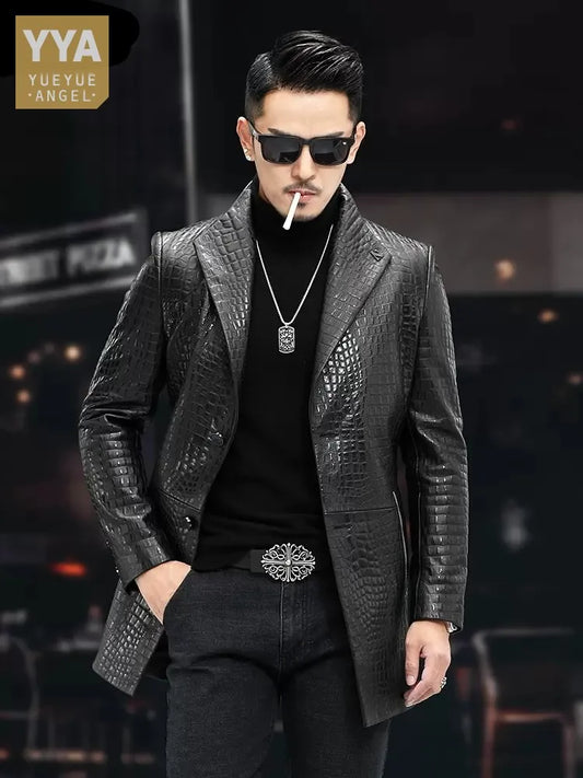 High Quality Luxury Genuine Leather Blazers Men Spring Slim Office Man Embossing Real Sheepskin Coat Suit Jacket Size Runs Small