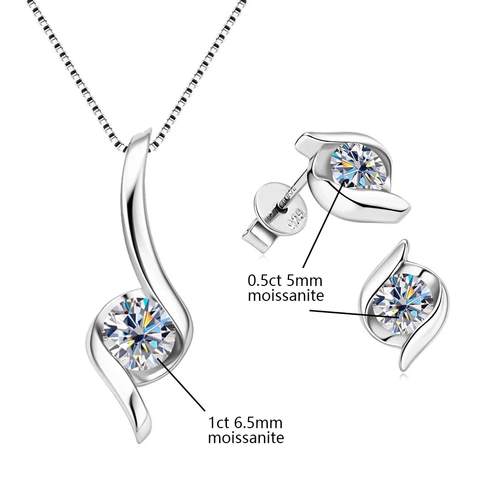 Sterling Silver 925 Real Moissanite Jewelry Set for Women 2.0ctw D Color Lab Diamond Stud Earrings Pendant Necklace Sets Gift