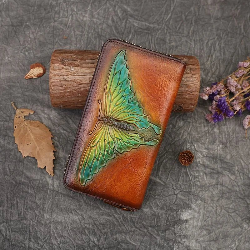 MOTAORA Ladies Retro Butterfly Embossed Wallet Women's Genuine Leather Zipper Pouch Female Cowhide Card Holder Girls Long Purse