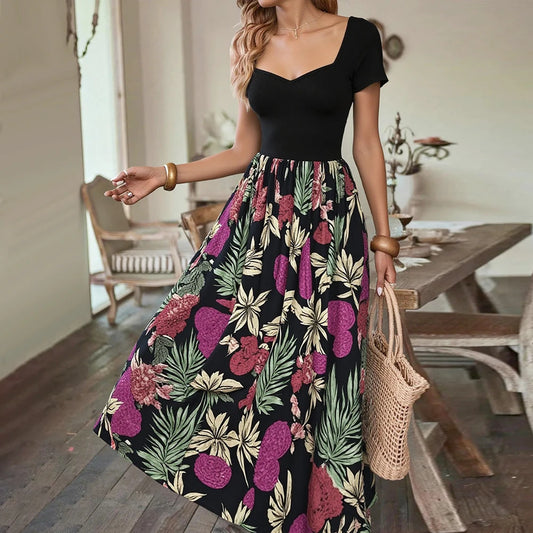 Rafiah Women's Summer Arabian Dress Long Dress 2025 French Sweetheart Neck A-Line Maxi Paisley Casual Dress
