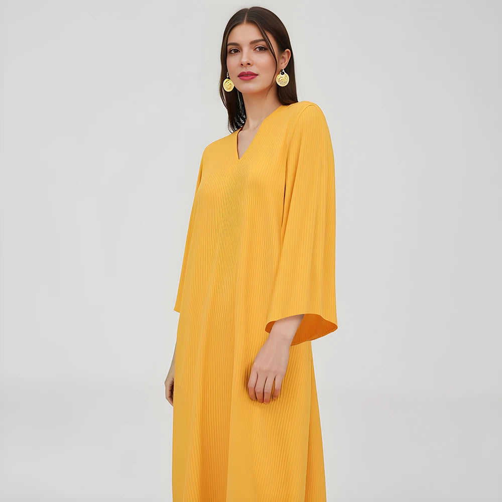 Rafiah Women's Dresses Summer Elegant Decent 2025 Plain Simple Long Sleeve V-Neck Midi A Line Casual Long Dress