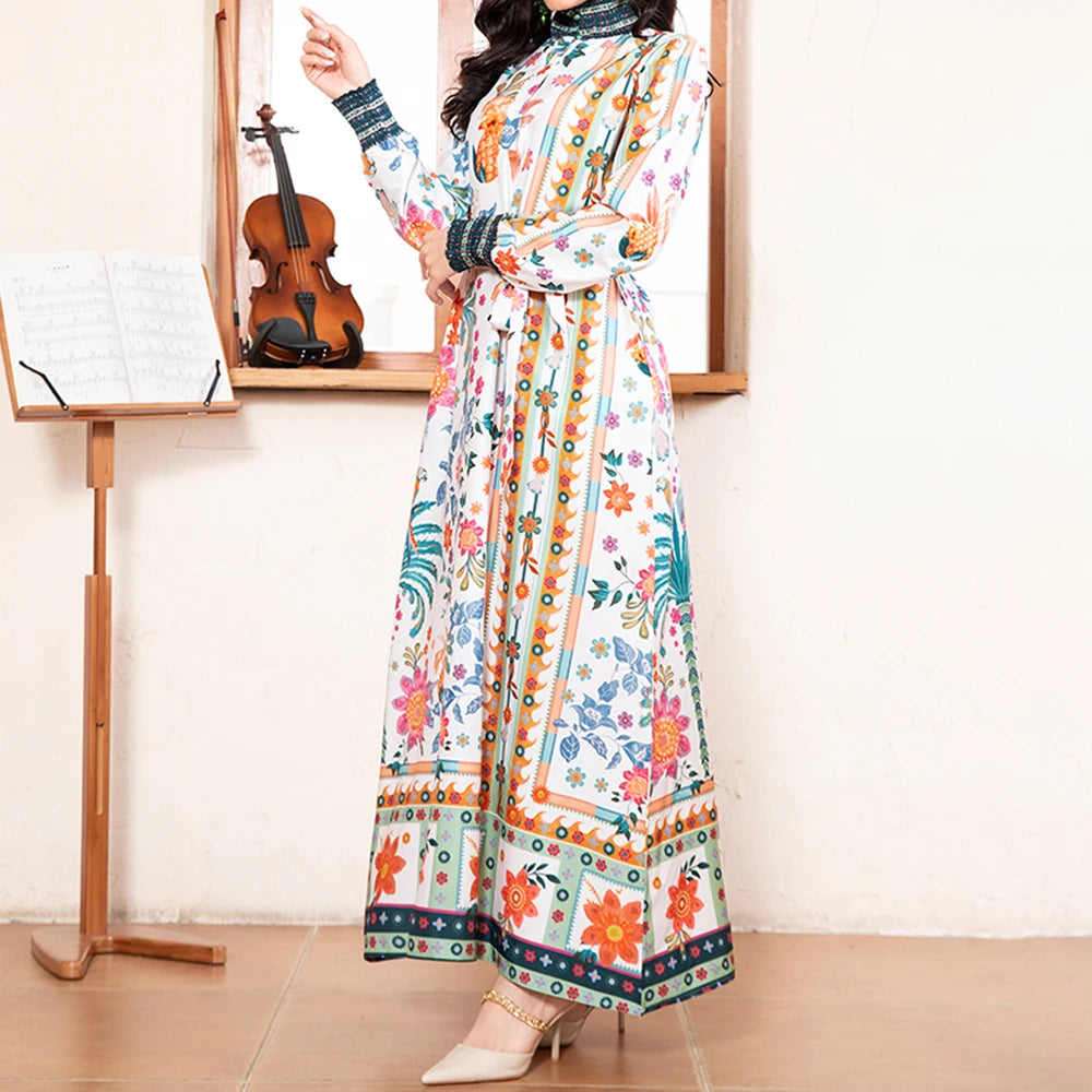 Rafiah Summer Arabian Dress 2025 Cultural Intricate Full Print Long Sleeve High Neck Midi A-Line Long Dress For Women