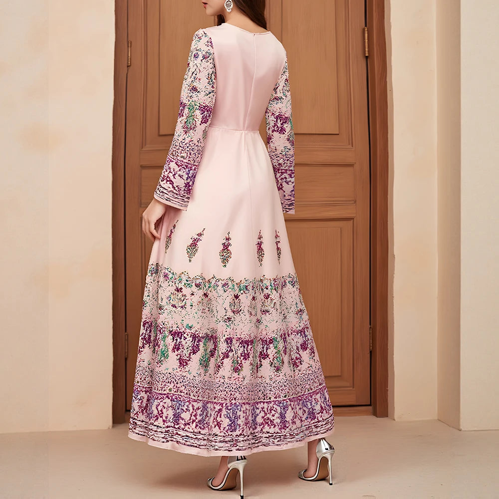 Rafiah Women's Dresses Summer Elegant Decent Fashion 2025 Traditional Print Long Sleeve V-Neck Maxi A Line Casual Long Dress