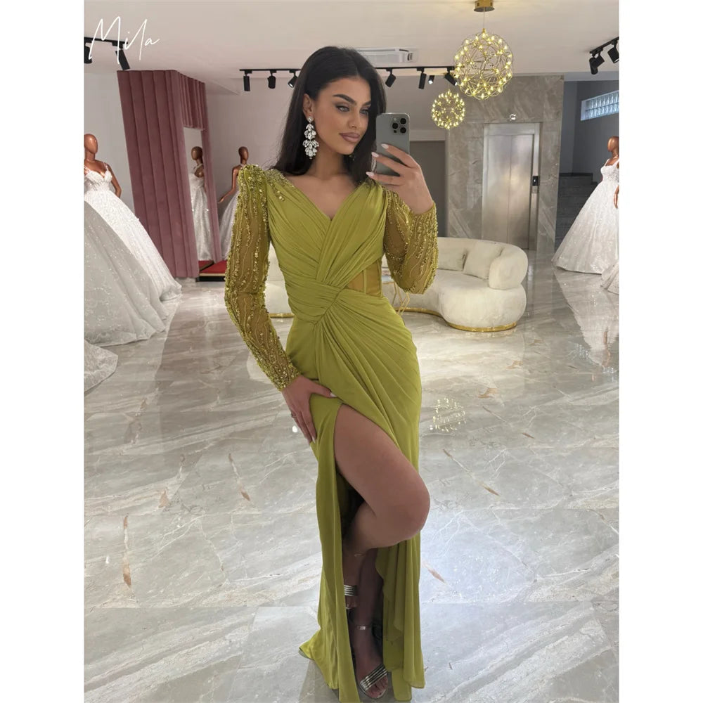 Mila Shine Long Sleeve Mermaid Prom Dresses Side High Split Chic Evening Dresses Elegant Floor-Length Customized Party Dresses