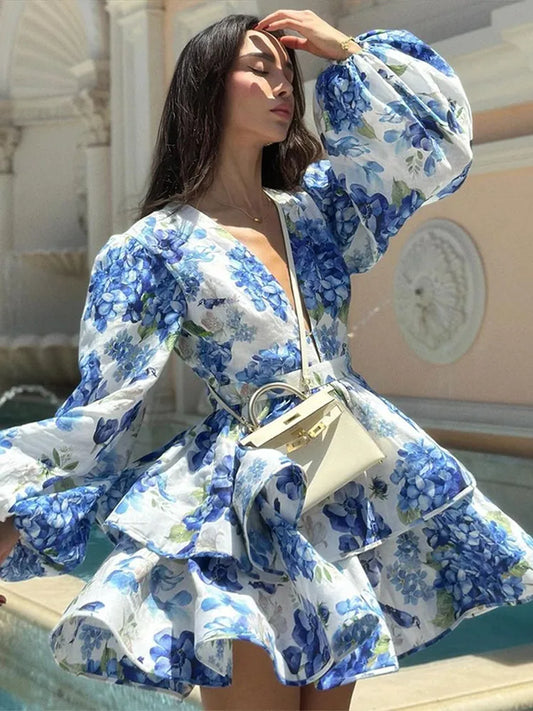Floral Ruffled Hem Mini Dress – Women’s Deep V-Neck Lantern Sleeve Elegant Party Outfit