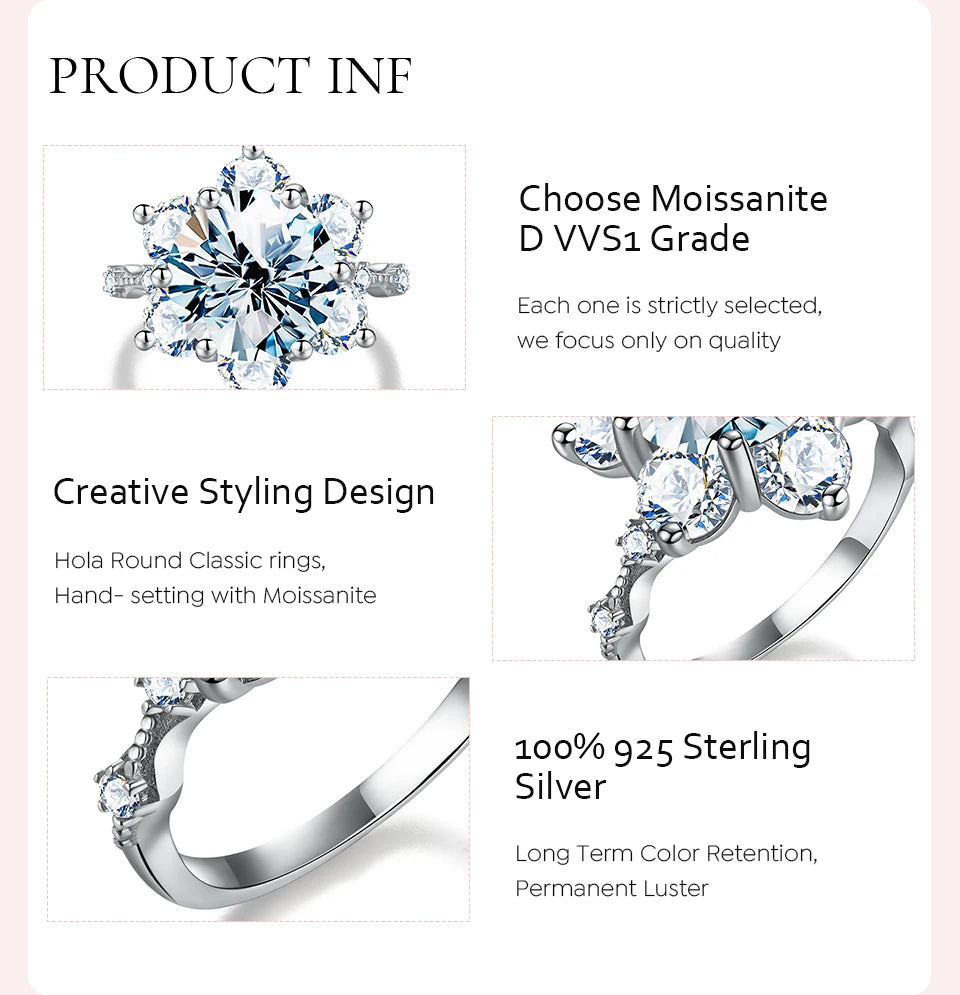 GRA 100% Real 5CT Big Moissanite Diamond Classical Sunflower Ring for Women Gift 925 Sterling Silver Wedding Luxury Fine Jewelry