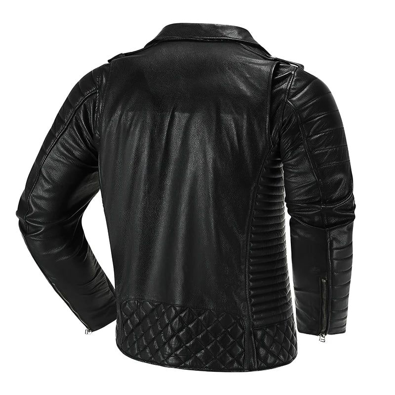 Men's First-Layer Cowhide Motorcycle Jacket – Slim Lapel Diagonal Zipper Flight Coat