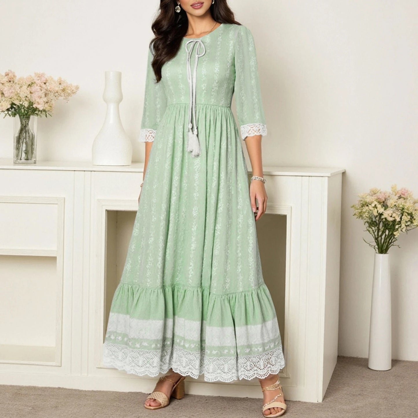 Rafiah Women's Summer Arabian Dress Loose Fit Comfortable Lace Shirring Lace-Up 3/4 Sleeve Crew Neck Midi Casual Arabian Dress